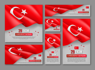 Happy turkish national day posters set. Patriotic collection with realistic turkish flag vector illustration. 29 ekim Cumhuriyet Bayrami. Translation: 29 october republic day of Turkey vector cards.