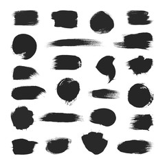 Black paintbrush strokes set isolated on white background. Abstract painted objects. Textured brush strokes and blots. Grungy stains and lines for creativity. Artistic hand drawn ink graphic elements