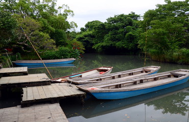 Wooden boats at the riverbank of Yanagawa, also known as Japanese Venice because of its canals. Fukuoka Prefecture, Japan