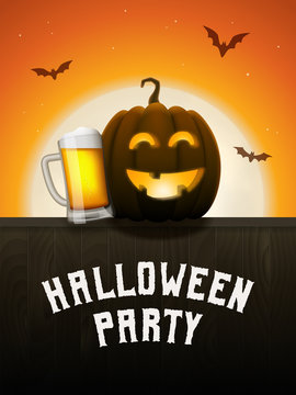 Pumpkin beer halloween party poster. Drunk Jack-o-lantern with beer mug. Scary background with moon and flying bats at night. Vector greeting card or invitation to a party