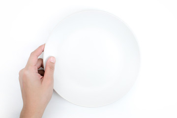 Top view, hand holding a white plate on a white background, Close up. Isolated background.