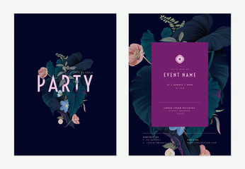 Event invitation card template design, various flowers and leaves art collage, purple tones