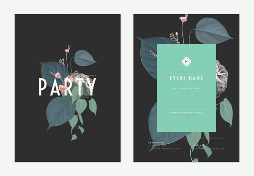 Event invitation card template design, various flowers and leaves art collage, green tones