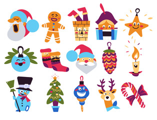 Santa claus and snowman, reindeer and Xmas tree, Christmas symbols