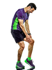 one caucasian handsome mature man running runner jogging jogger isolated on white background