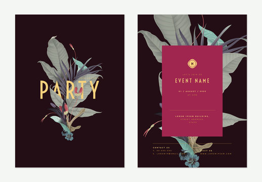 Event invitation card template design, various flowers and leaves art collage, red tones