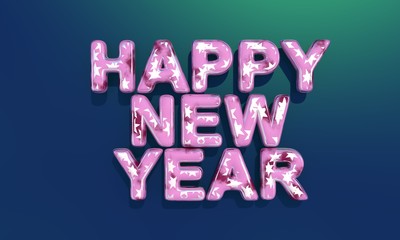 Happy New Year . Festive illustration of 3D numbers from colored raspberry-colored stained glass with silver stars inside on a blue-green gradient chameleon background. Realistic 3d sign. 