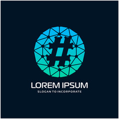 hashtag negative space in circle with network concept. circuit concept. technology digital logo template - vector