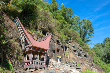 Naklejka premium Traditional Alang rice barn and graves, Rantepao, Tana Toraja, South Sulawesi, Indonesia&nbsp;. Alang houses have a distinguishing boat-shaped.