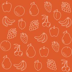 Multiple fruits on an orange background. Vector illustration.