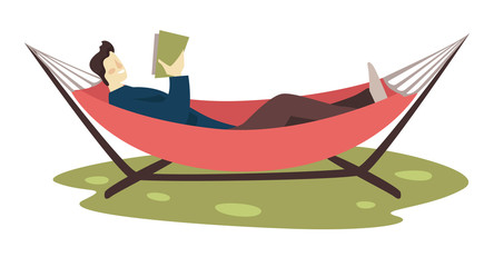 Guy reading book in hammock, leisure and education, isolated character