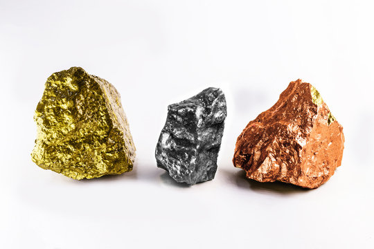 group of precious stone gold silver bronze on white background