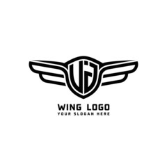 UJ initial logo wings, abstract letters in the middle of black