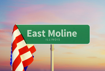 East Moline – Illinois. Road or Town Sign. Flag of the united states. Sunset oder Sunrise Sky. 3d rendering