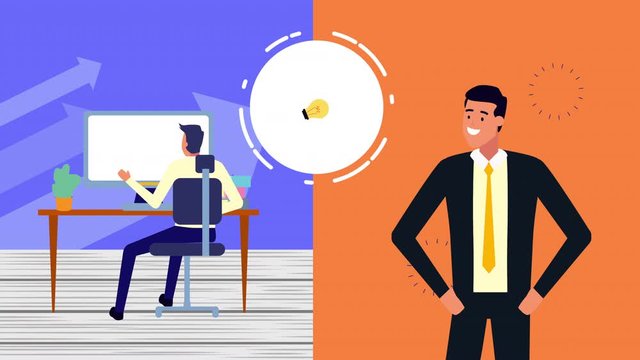 businessman with desktop and money animation