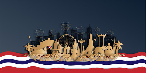 Thailand Travel postcard panorama, poster, tour advertising of world famous landmarks of Thailand in paper cut style. Vector illustration.