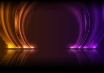 Violet and orange neon laser circle arches with reflection. Abstract ring technology retro background. Futuristic glowing electric graphic design. Modern vector illustration
