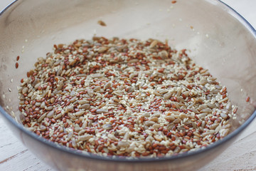 Blanks for homemade bread. Sunflower seeds, flax seeds, sesame seeds.
