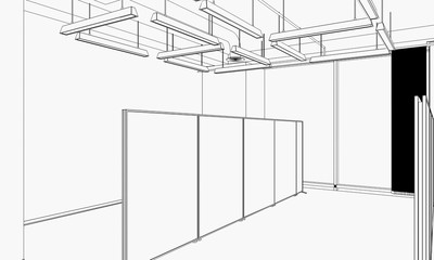 empty room, contour visualization, 3D illustration, sketch, outline