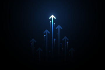 Up light arrows and speed lines on dark blue background, copy space composition, growth competition technology concept.
