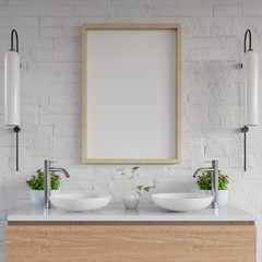 White bathroom sink standing white mockup poster on cabinet shelf.