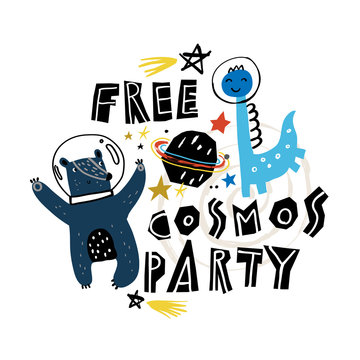 Animals astronauts wearing space helmet floating in outer space. Isolated vector images for your greeting cards and invitations. Birthday party in cosmic style.