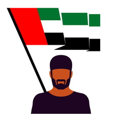 illustration banner with Arab character man holding an UAE flag isolated on white background. National day Spirit of the union United Arab Emirates design