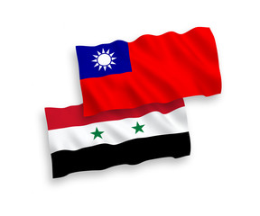 National vector fabric wave flags of Taiwan and Syria isolated on white background. 1 to 2 proportion.