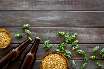 Barley and hop for making beer on dark wooden background top view copy space