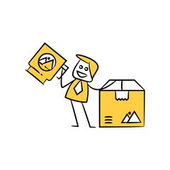 businessman holding mug and packaging box and branding design yellow stick figure design