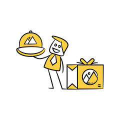 ad, advertisement, advertising, birthday, box, branding, branding design, business, businessman, cap, cartoon, character, comic, design, doodle, doodle man, employee, employer, gift, gift box, goods, 