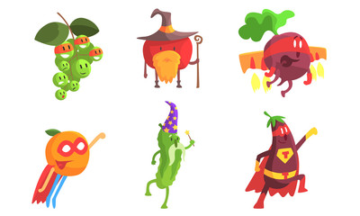 Fototapeta premium Funny Fruits and Vegetables Characters Wearing Wizard and Superhero Costume Set, Grape, Apple, Beetroot, Orange, Cucumber, Eggplant Vector Illustration