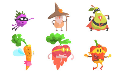 Funny Fruit Characters Wearing Wizard and Superhero Costume Set, Blackberry, Pear, Carrot, Radish, Pepper Vector Illustration