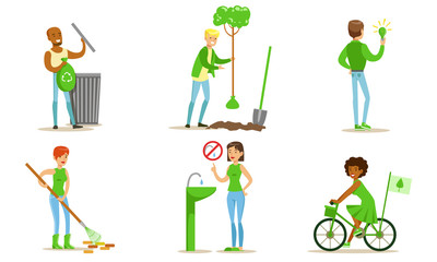 Fototapeta na wymiar People Taking Part in Environmental Protection Set, Men and Women Recycling Waste, Growing Plants, Using Eco Friendly Transport and Energy Renewable Resources Vector Illustration