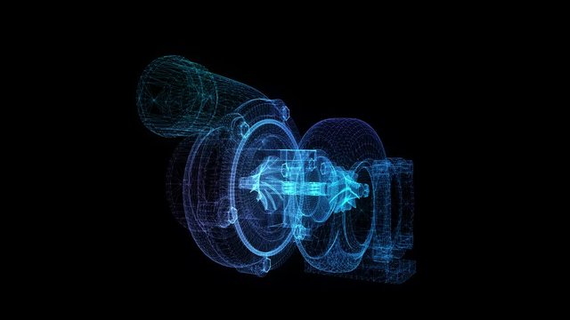 Turbocharger formation from abstract polygonal line. Low poly turbine in motion, lines and connected to form. Digital technology visualization of 3d.