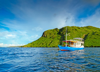 Little lonely boat on the background of a green hill