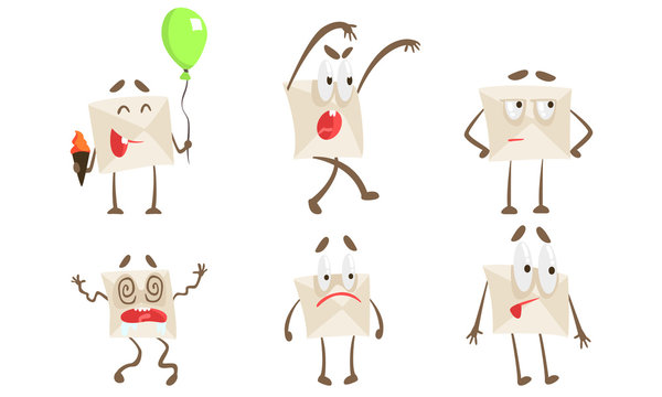 Funny Paper Envelope Cartoon Character Set, Humanized Mail Letter with Various Emotions Vector Illustration