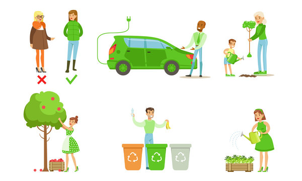 People Taking Part in Environmental Protection Set, Men and Women Sorting and Recycling Waste, Growing Plants, Using Eco Friendly Transport and Energy Renewable Resources Vector Illustration