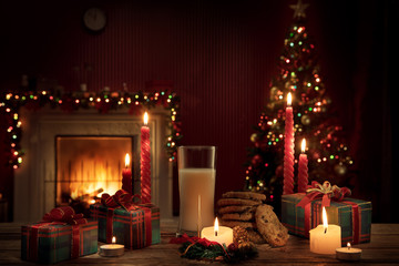close up view of glass of milk with cookies on color back