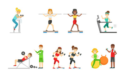 Fototapeta na wymiar People Doing Sports in the Gym with the Equipment Set, Men and Women Wearing Sports Clothes Exercising in Fitness Center, Healthy Lifestyle Concept Vector Illustration
