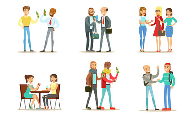 Fototapeta na wymiar Friends and Colleagues Spending Good Time Together Set, Men and Women Meeting, Drinking Coffee and Beer, Gossiping Vector Illustration