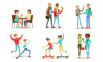 Fototapeta na wymiar Friends and Colleagues Spending Good Time Together Set, Men and Women Meeting, Skateboarding, Dancing, Drinking Coffee and Beer, Gossiping Vector Illustration