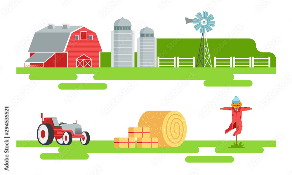 Poster Eco Farm and Agricultural Elements Set, Silo Tower, Red Barn, Wind Turbine, Tractor, Scarecrow Vector Illustration