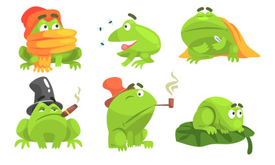 Green Frog Cartoon Character of Different Activities Set, Funny Amphibian Animal with Various Emotions Vector Illustration