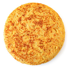 Authentic Spanish potato omelet called tortilla de patatas isolated on white background. Egg...
