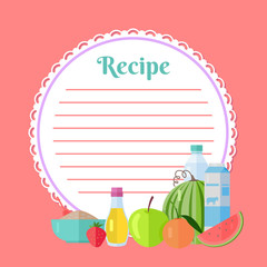 Ingredients for homemade dish, bottle and box of milk, apple and orange, strawberry and oil, flour in bowl. Pink recipe cookbook, round clean list. Vector illustration in flat cartoon style