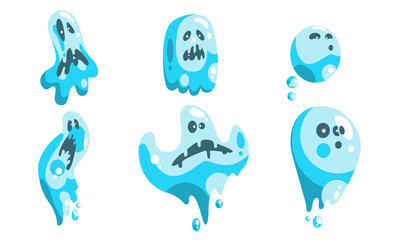 Cute Ghost Cartoon Character Set, Funny Halloween Scary Ghostly Monster with Various Emotions Vector Illustration