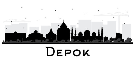 Depok Indonesia City Skyline Silhouette with Black Buildings Isolated on White.