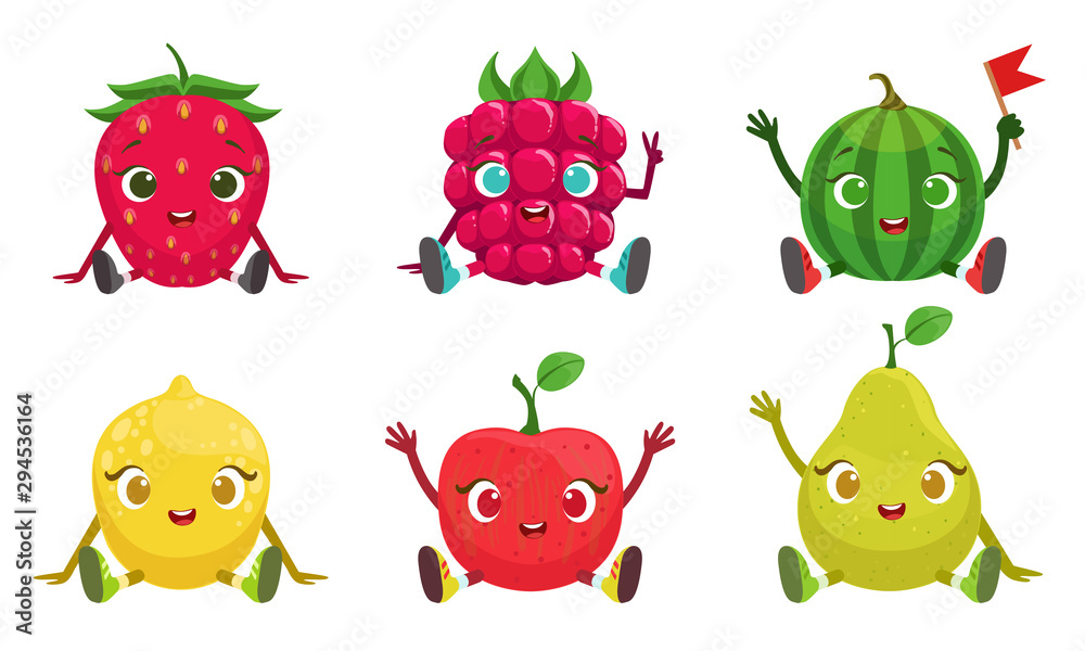 Canvas Prints Collection of Cute Fruit and Berries Cartoon Characters with Funny Faces, Strawberry, Raspberry, Watermelon, Lemon, Apple, Pear Vector Illustration