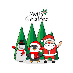 Merry Christmas Greeting Card. Penguin,  snowman and Santa claus.
